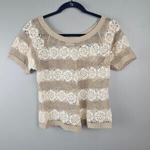 Vintage Lim’s Crochet Knit Lace Striped Short Sleeve Top Beige Boho Cottagecore